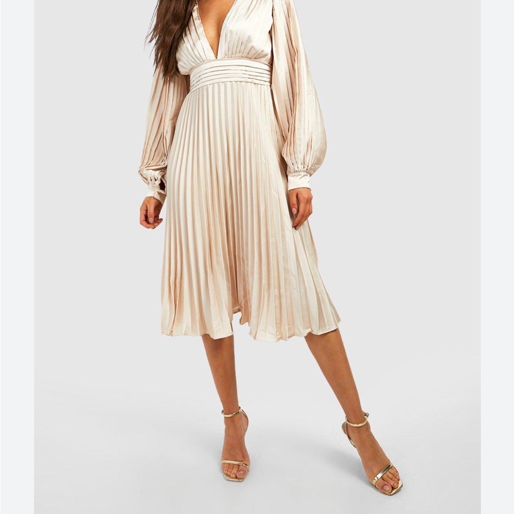 Boohoo Cream Plunge Neck Bishop Sleeve Sundress